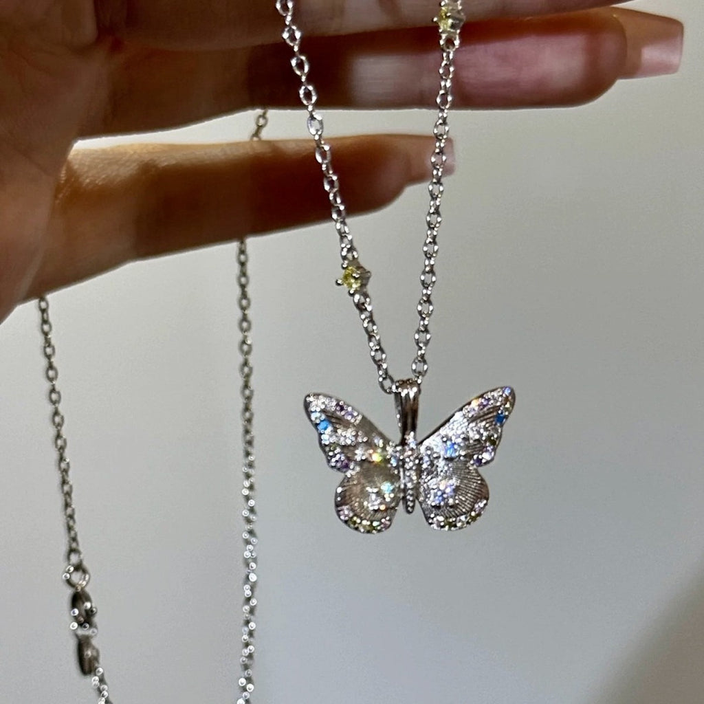 925 Silver Colorful Lustrous Stone Brushed Butterfly Necklace