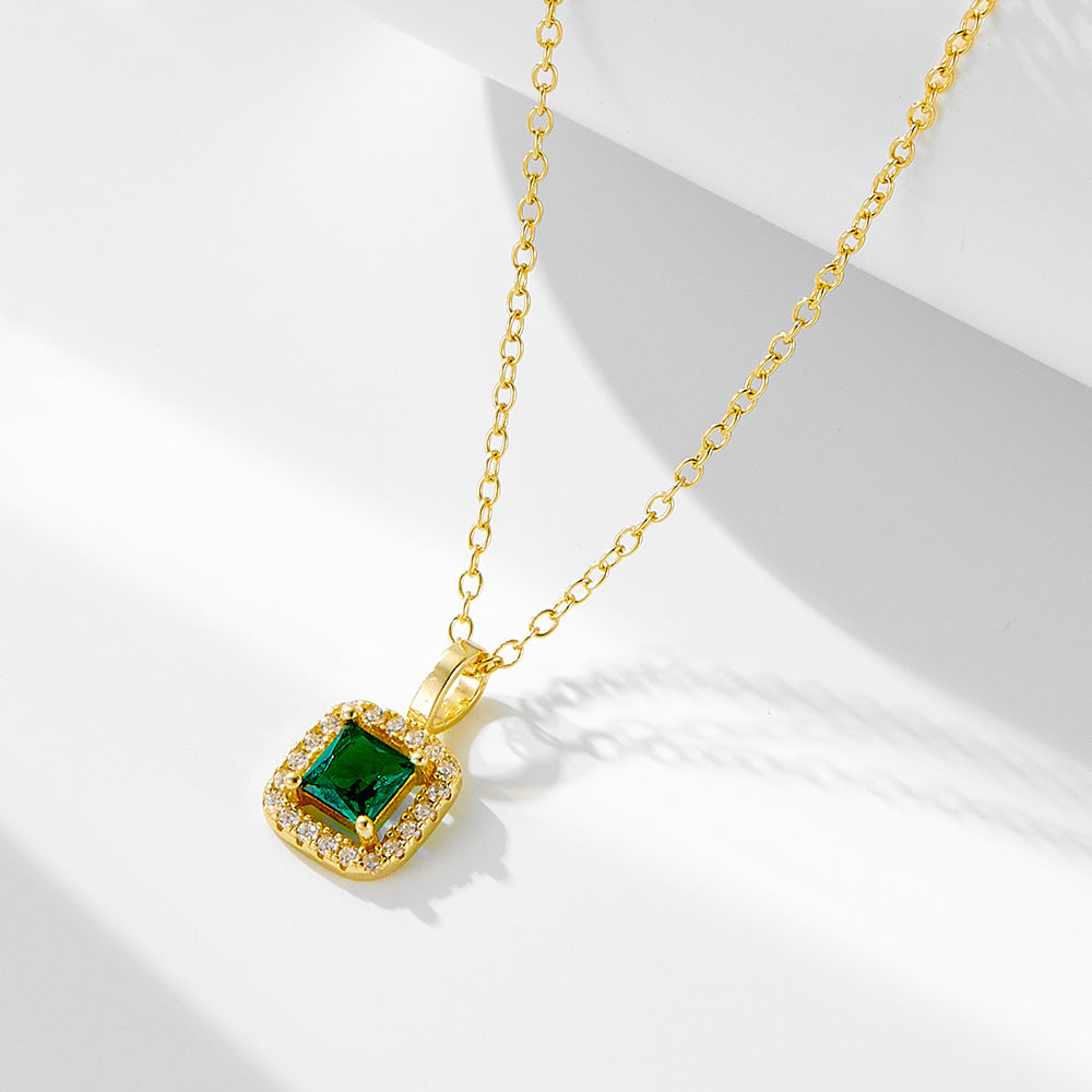 925 Silver Square Green Zircon Pendant Necklace