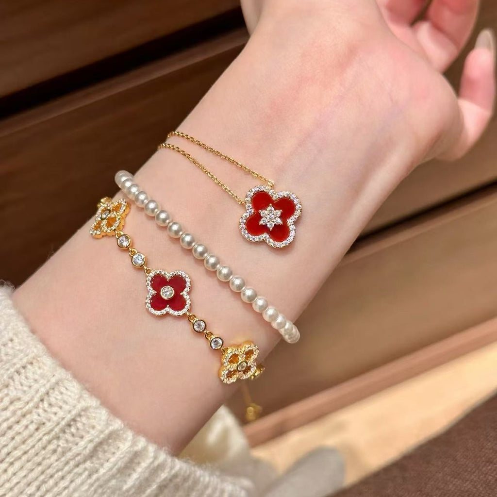 925 Silver Carnelian Four-Leaf Clover Necklace Bracelet Earrings Set