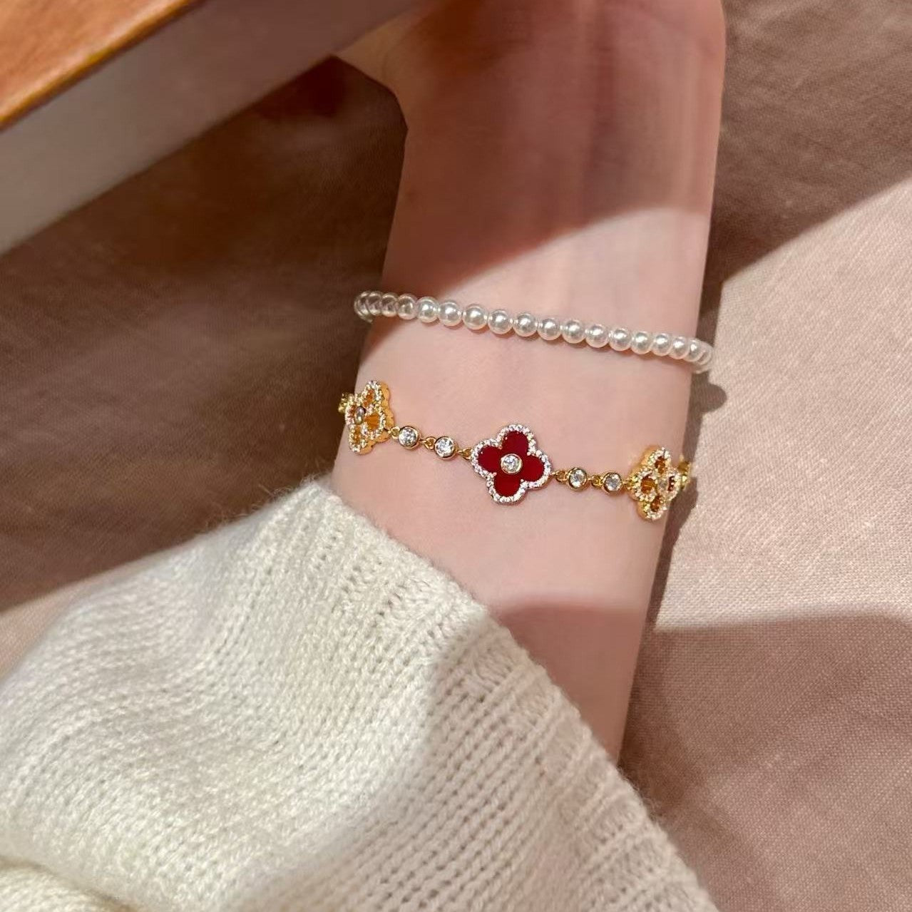 925 Silver Carnelian Four-Leaf Clover Necklace Bracelet Earrings Set