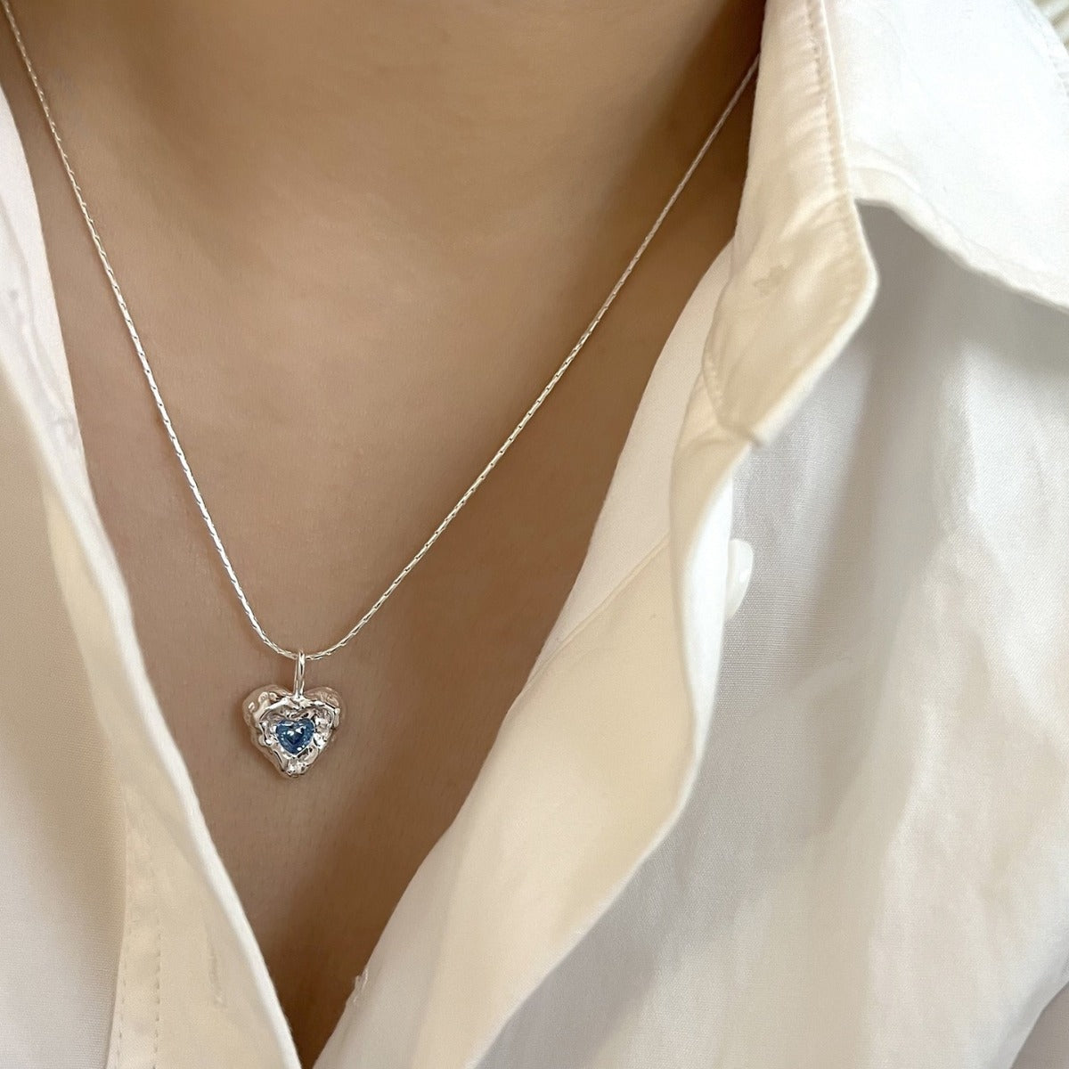 925 Silver Irregular Texture Heart Cubic Zirconia Necklace