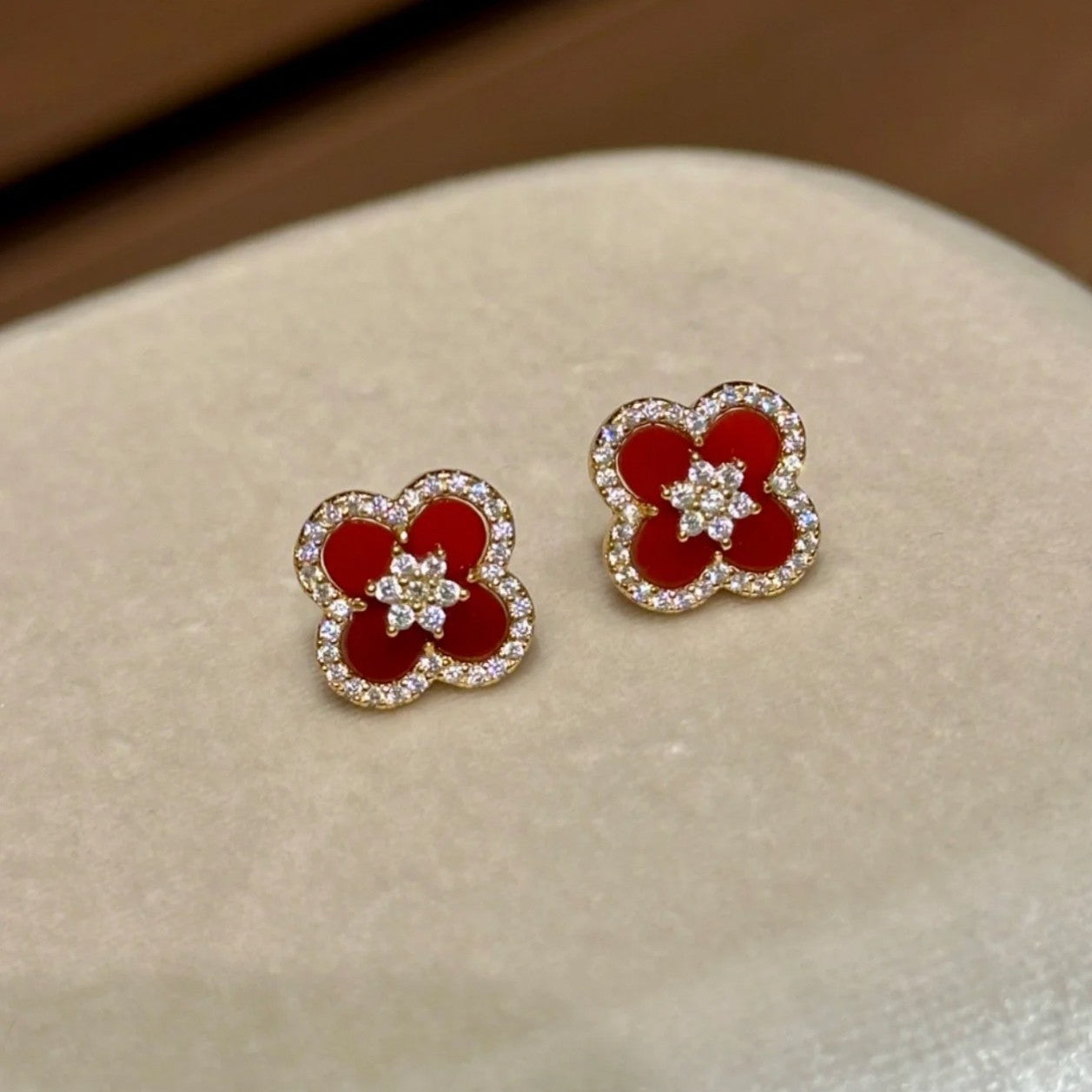 925 Silver Carnelian Four-Leaf Clover Necklace Bracelet Earrings Set