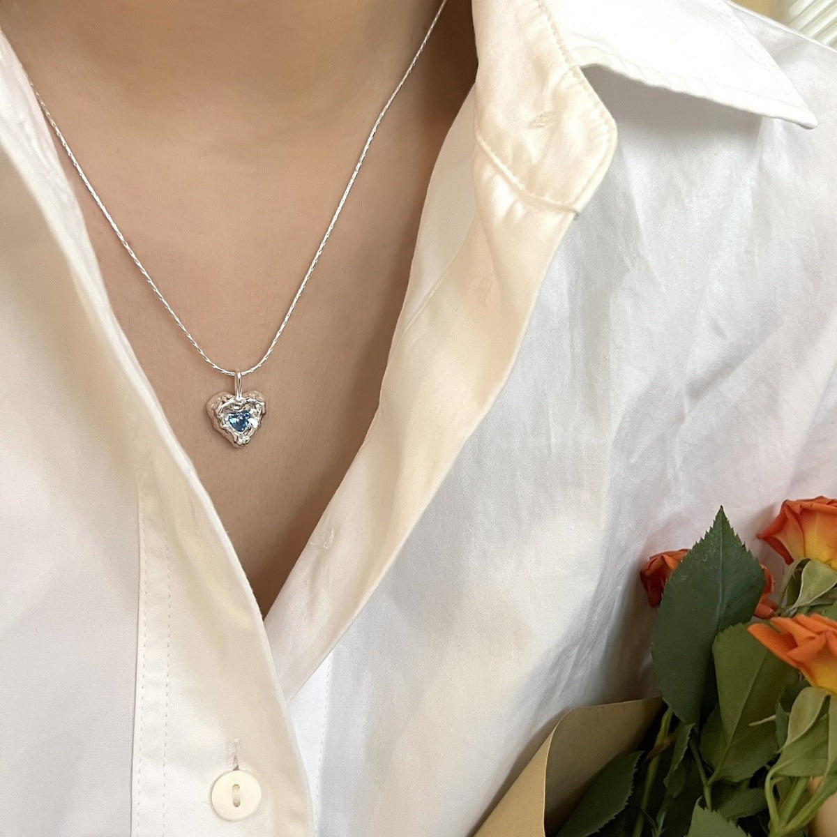 925 Silver Irregular Texture Heart Cubic Zirconia Necklace