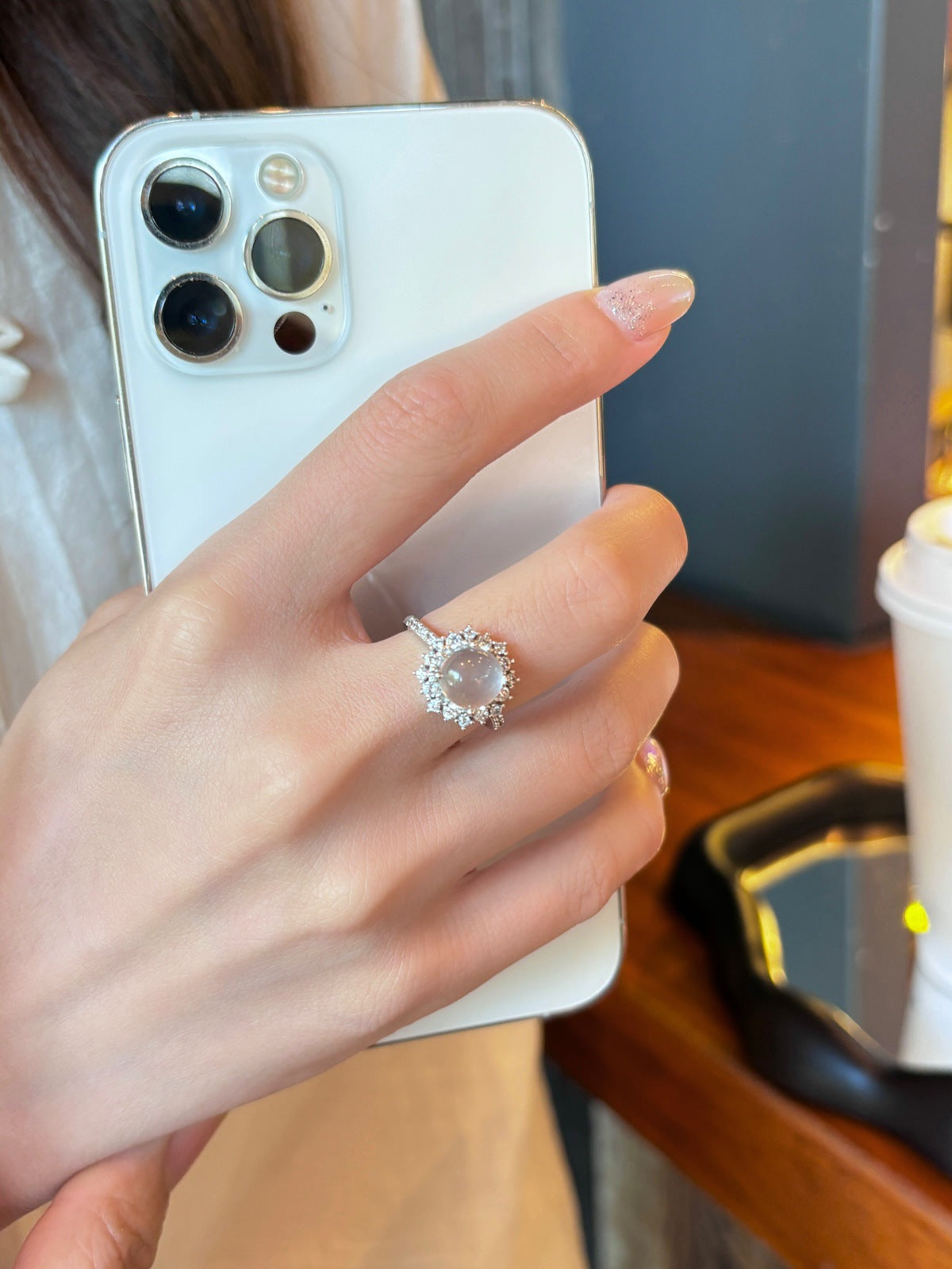 925 Silver Jade-albite Zircon Ring