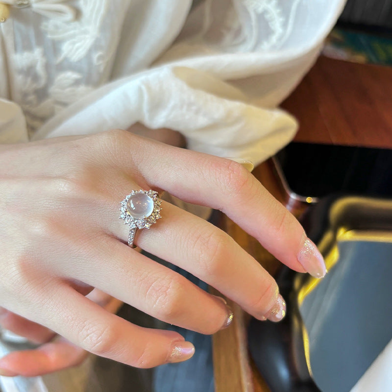 925 Silver Jade-albite Zircon Ring