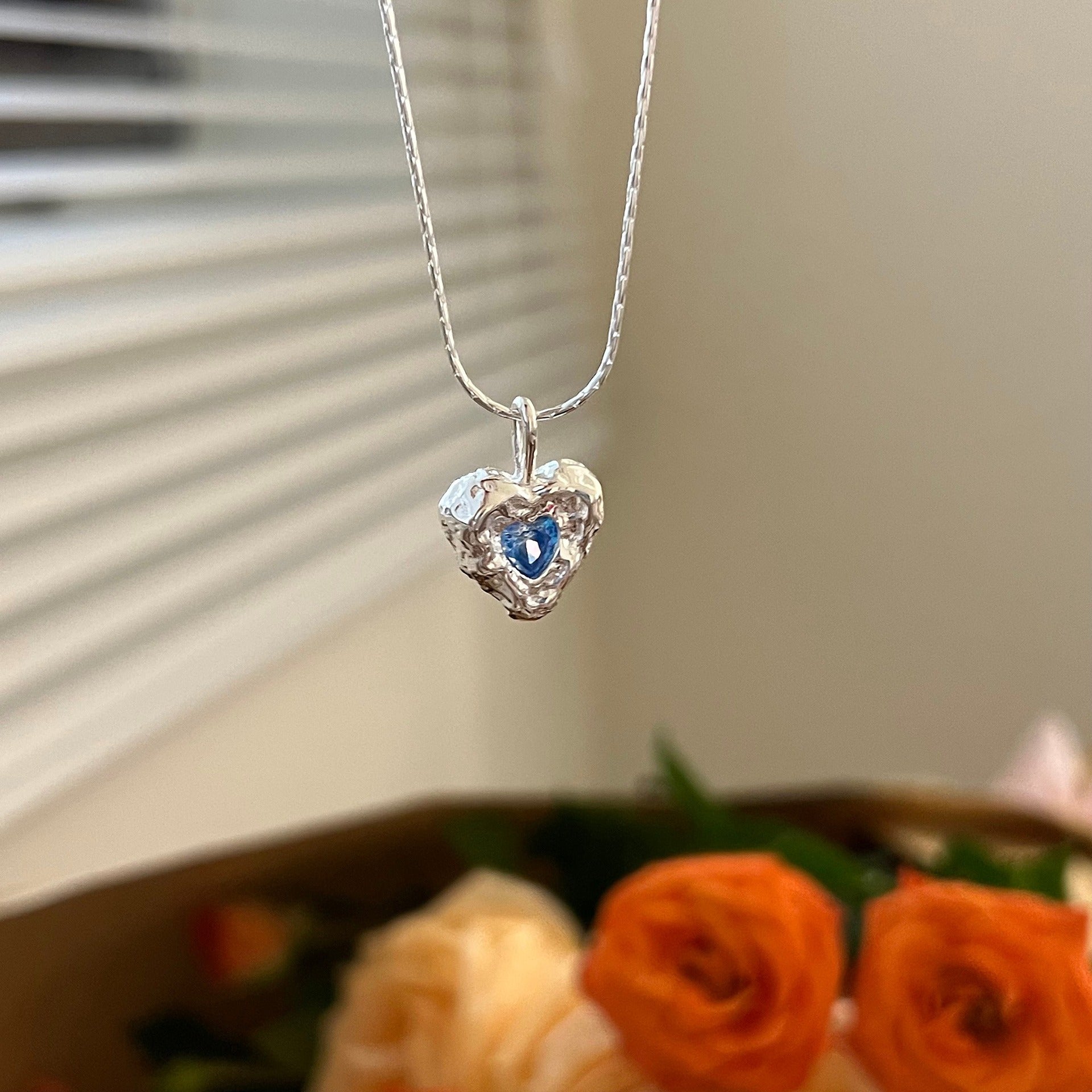 925 Silver Irregular Texture Heart Cubic Zirconia Necklace