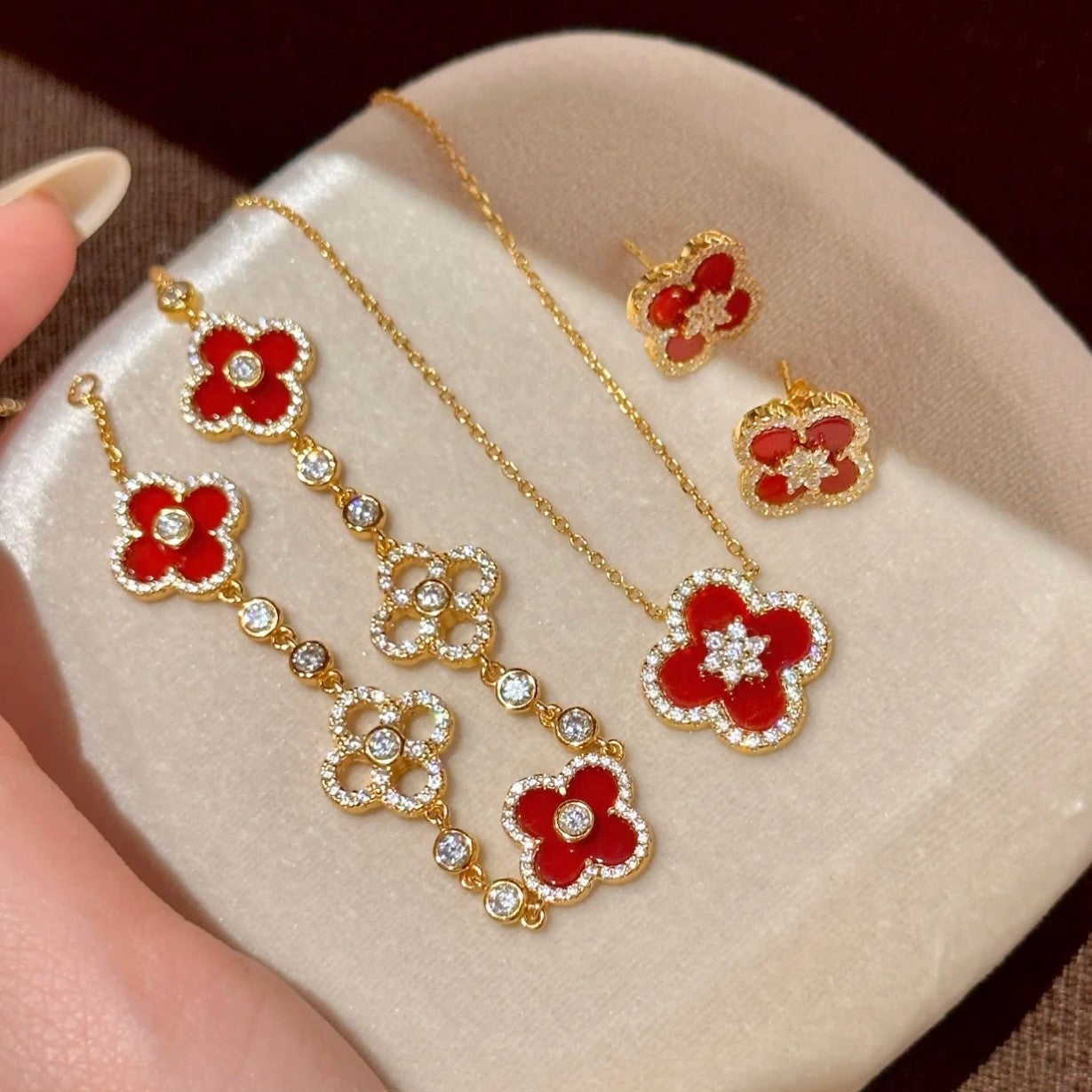 925 Silver Carnelian Four-Leaf Clover Necklace Bracelet Earrings Set