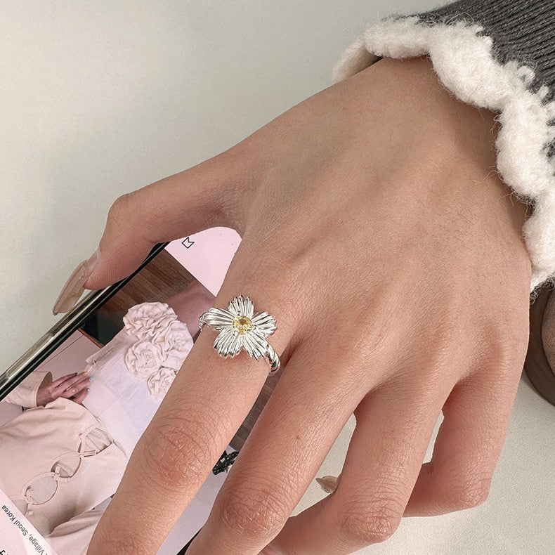 925 Silver Yellow Diamond Flower Ring