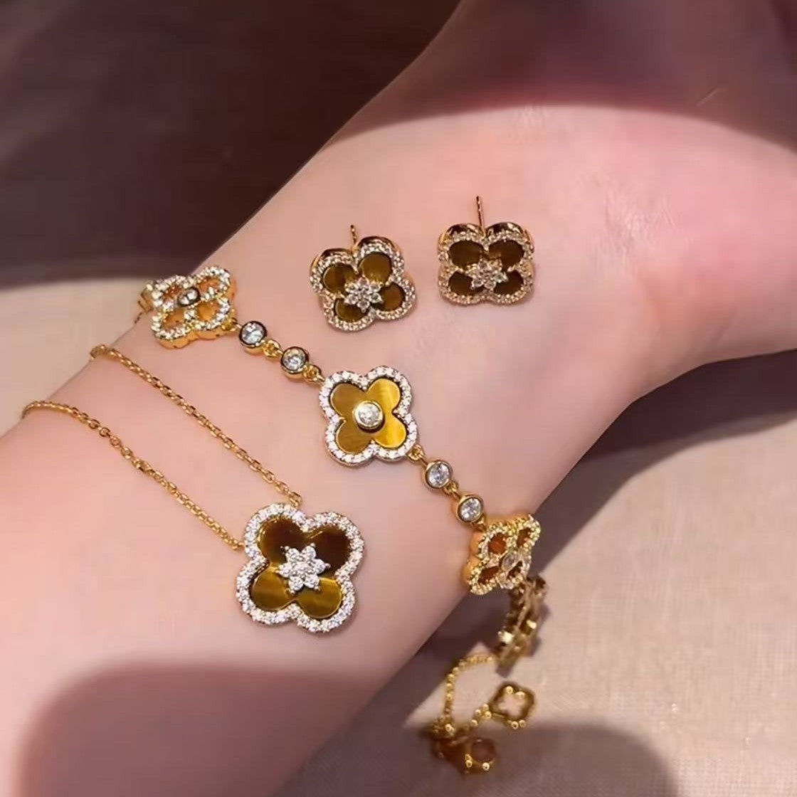 925 Silver Tiger's Eye Four-Leaf Clover Necklace Bracelet Earrings Set