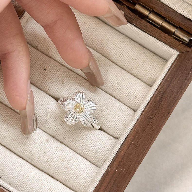 925 Silver Yellow Diamond Flower Ring