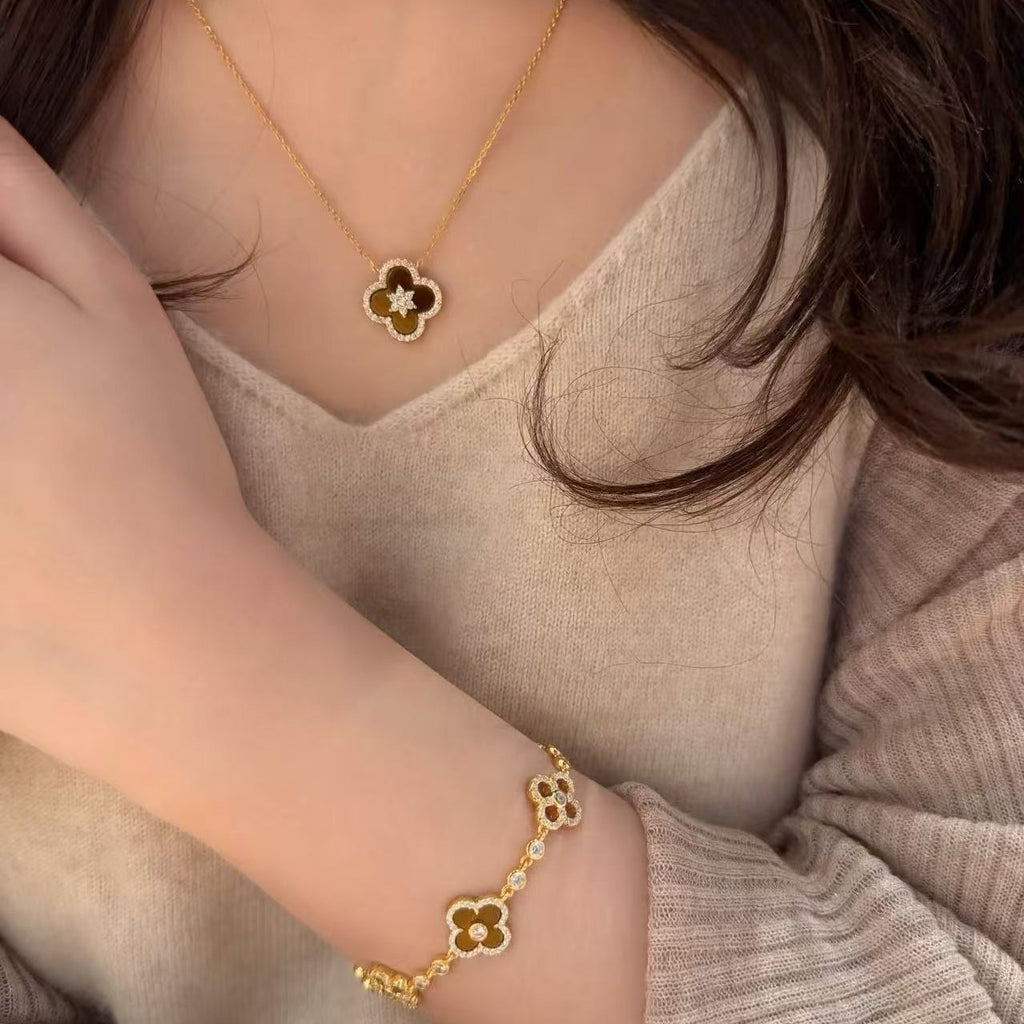 925 Silver Tiger's Eye Four-Leaf Clover Necklace Bracelet Earrings Set