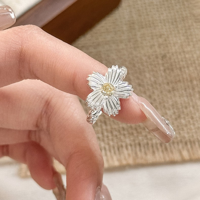 925 Silver Yellow Diamond Flower Ring
