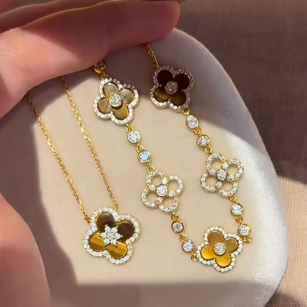 925 Silver Tiger's Eye Four-Leaf Clover Necklace Bracelet Earrings Set