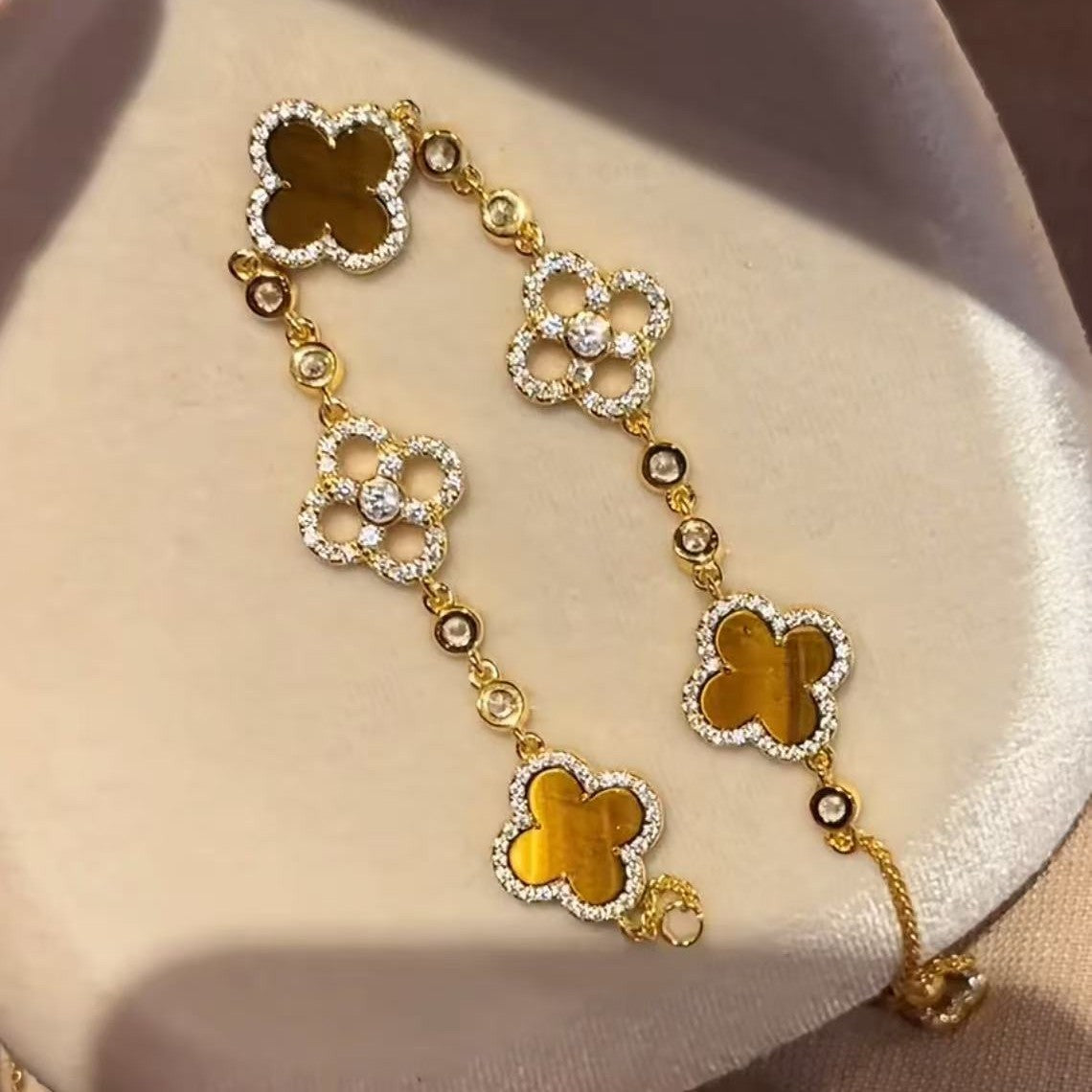 925 Silver Tiger's Eye Four-Leaf Clover Necklace Bracelet Earrings Set