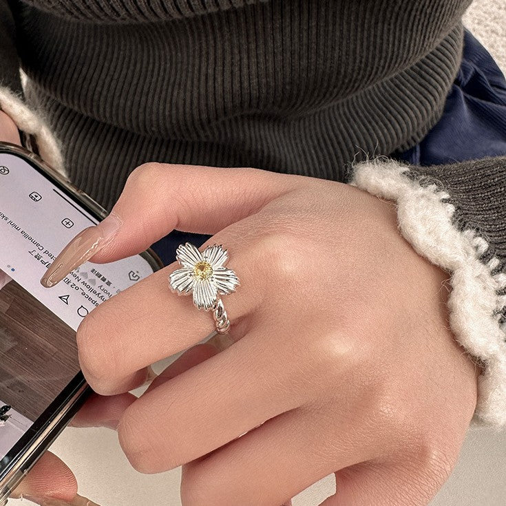 925 Silver Yellow Diamond Flower Ring