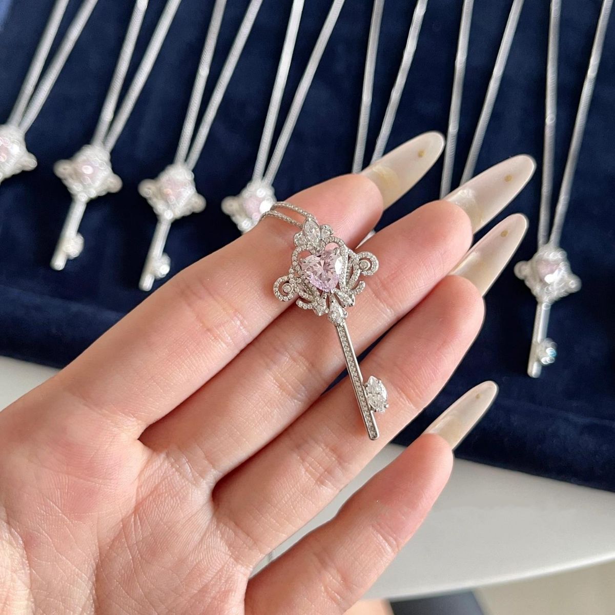 925 Silver Pink Zircon Key Pendant Necklace Sweater Chain