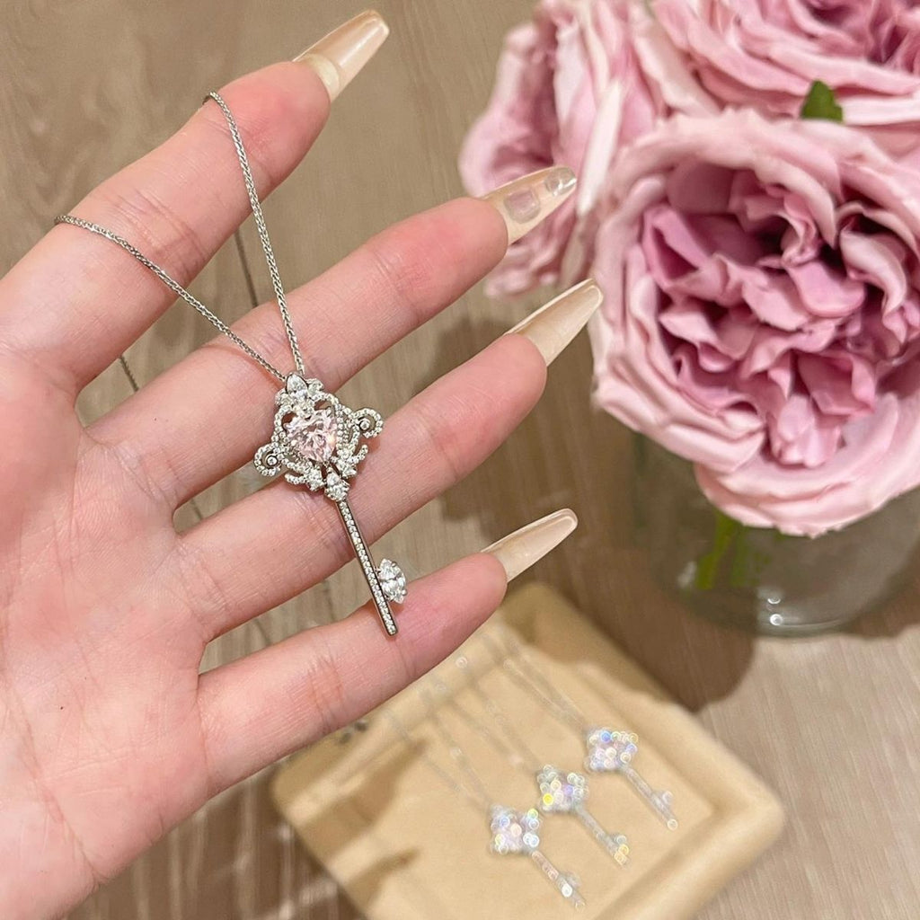925 Silver Pink Zircon Key Pendant Necklace Sweater Chain