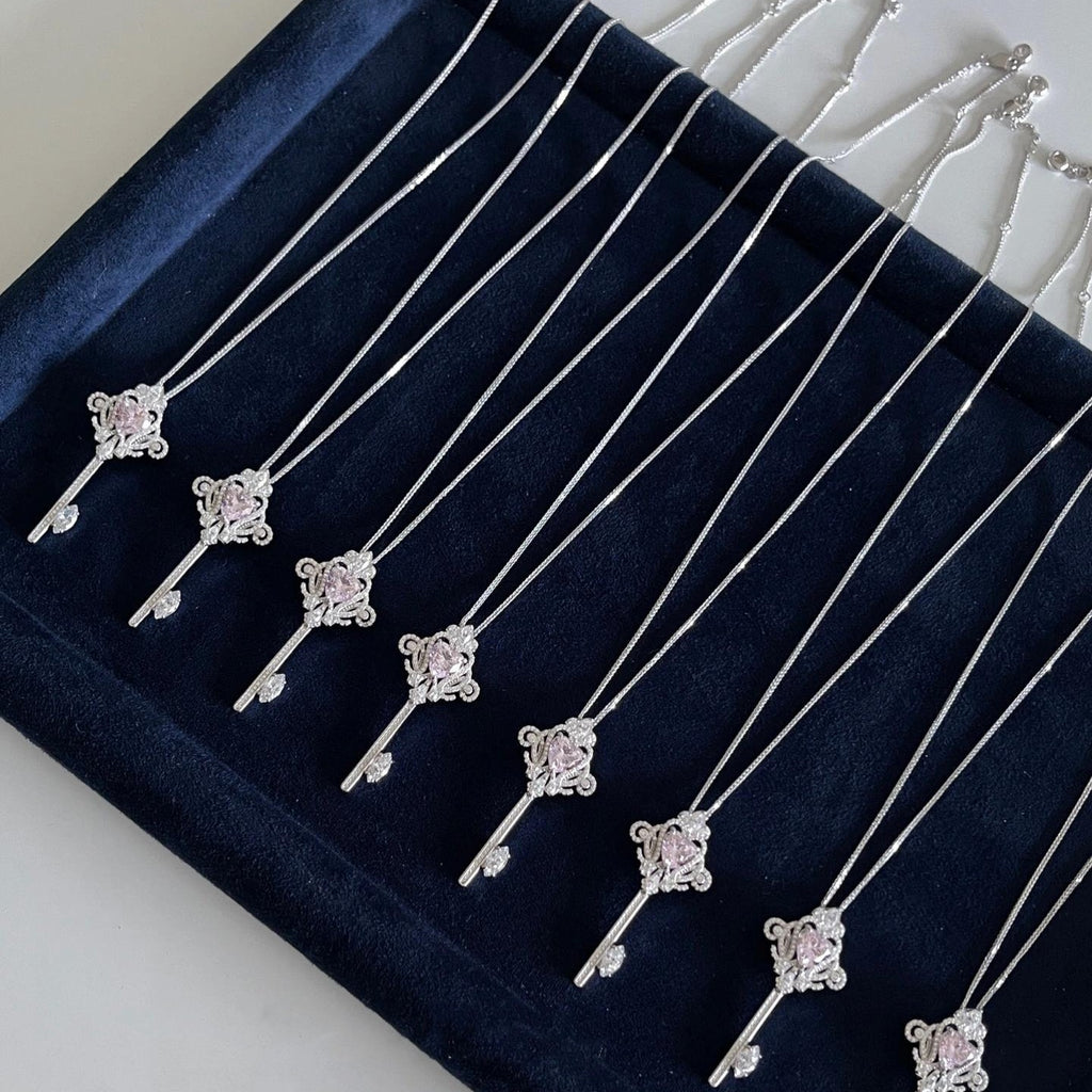 925 Silver Pink Zircon Key Pendant Necklace Sweater Chain