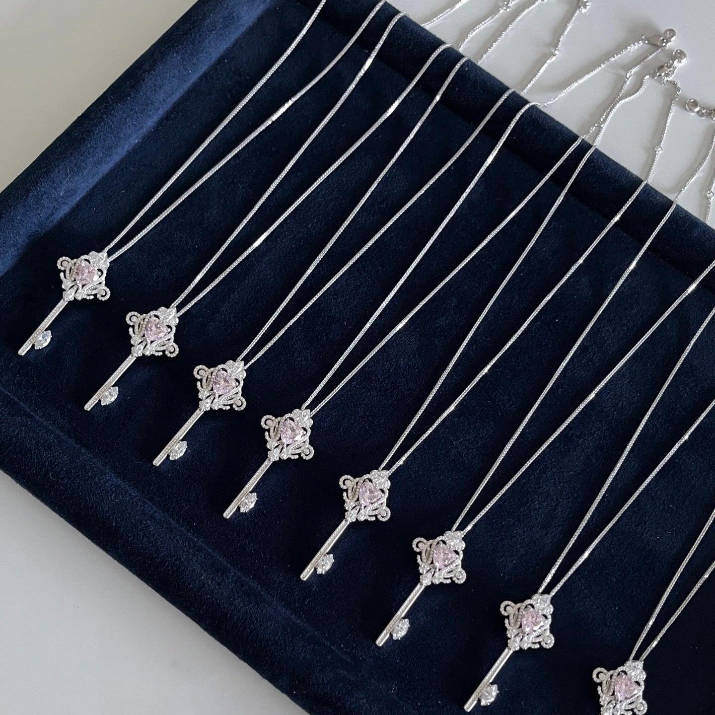 925 Silver Pink Zircon Key Pendant Necklace Sweater Chain
