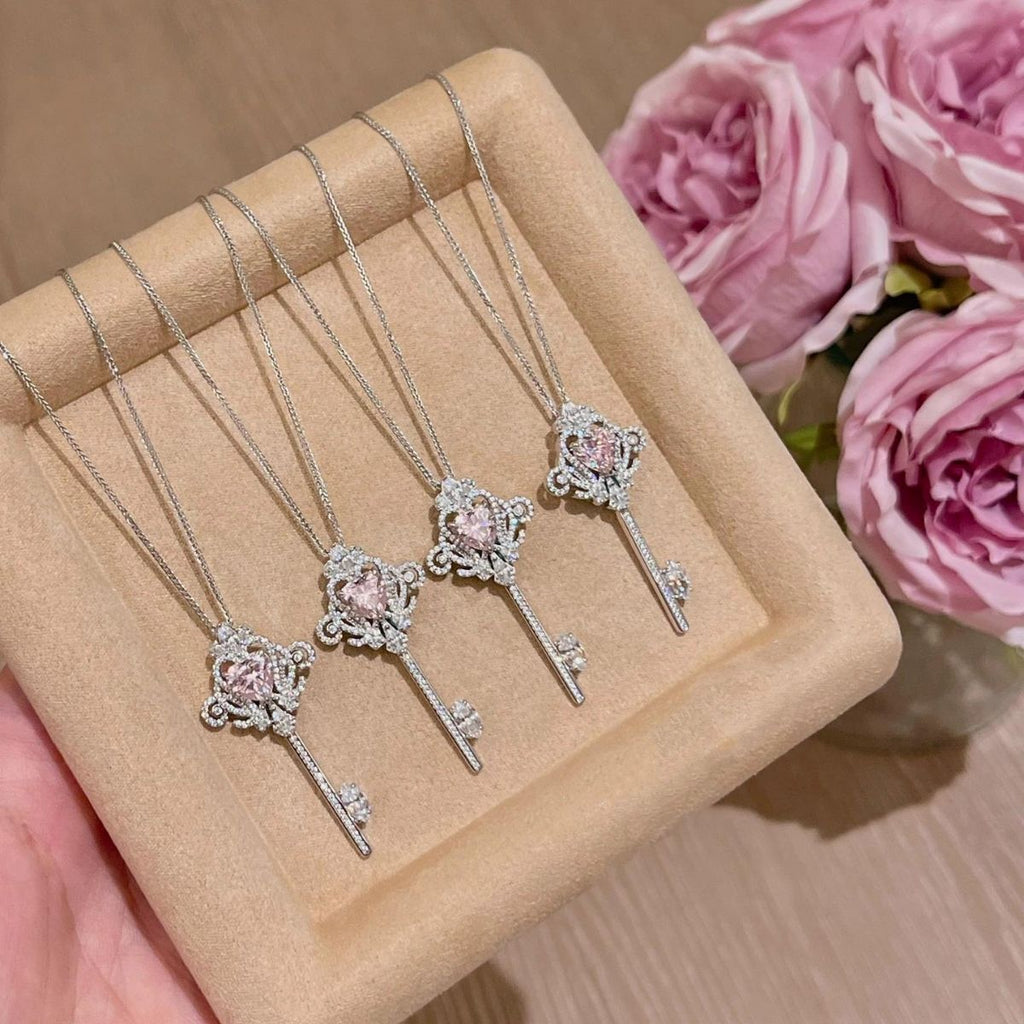 925 Silver Pink Zircon Key Pendant Necklace Sweater Chain