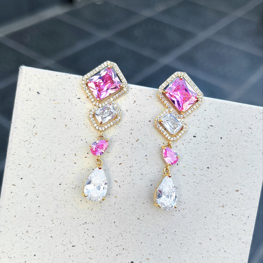 Long Pink Square Zircon Earrings