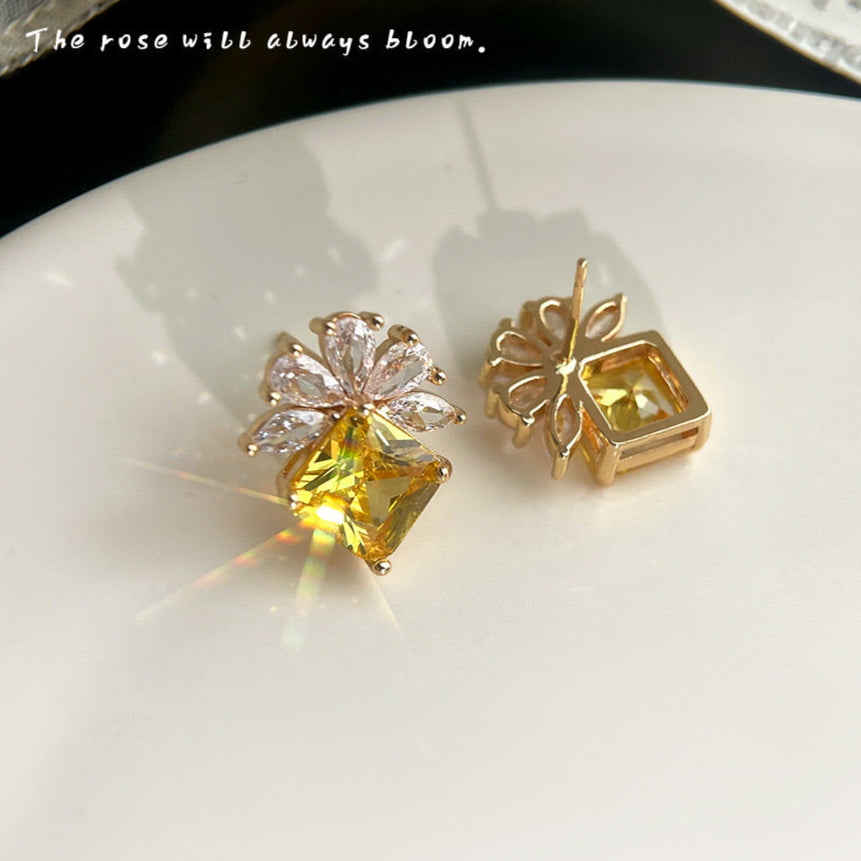 Yellow Square Zircon Stud Earrings