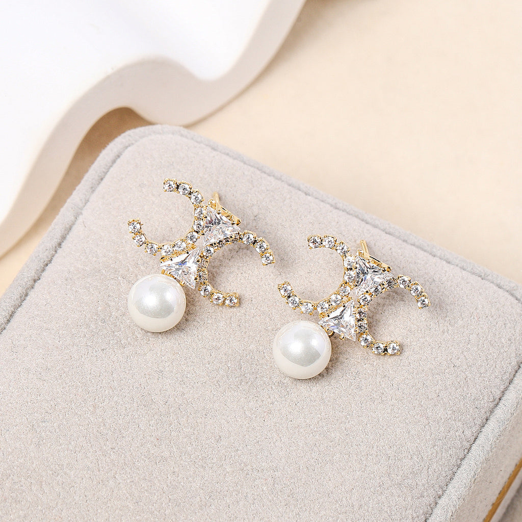 18k Gold Pearl Zircon Earrings