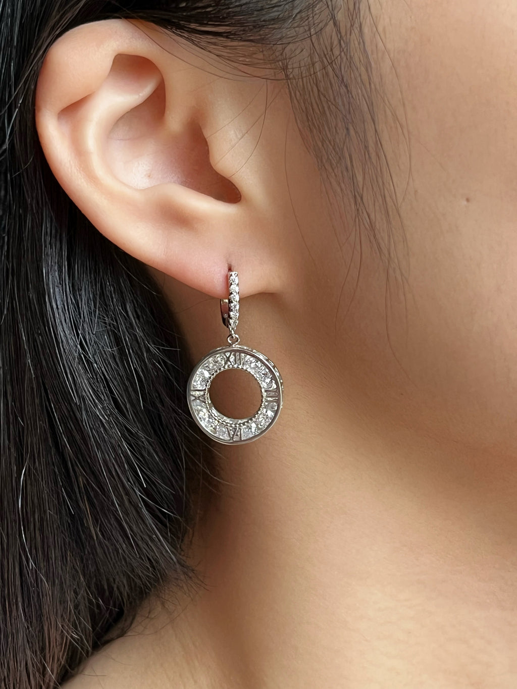 Silver Roman Numeral Zircon Earrings