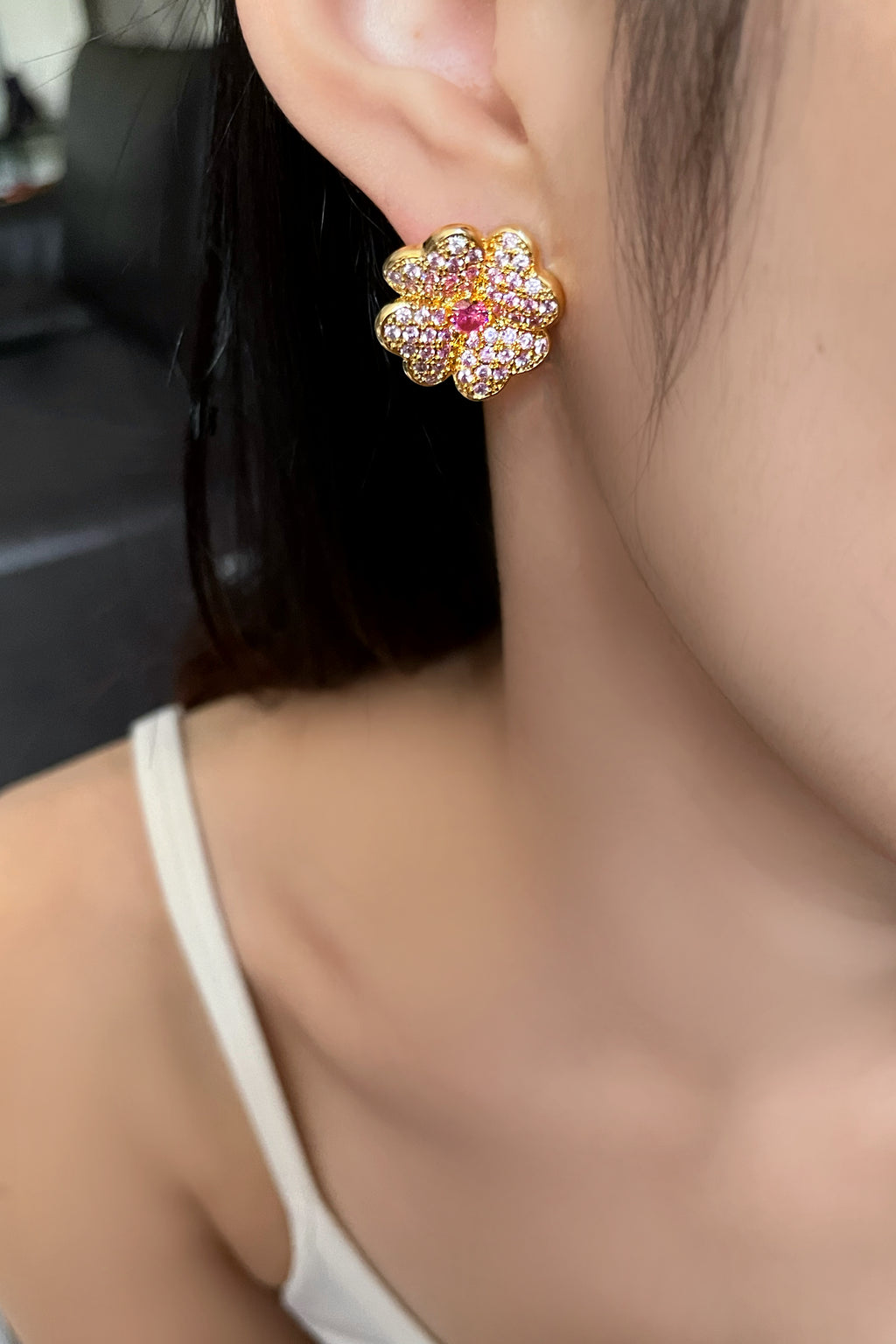 Pink Zircon Flower Stud Earrings