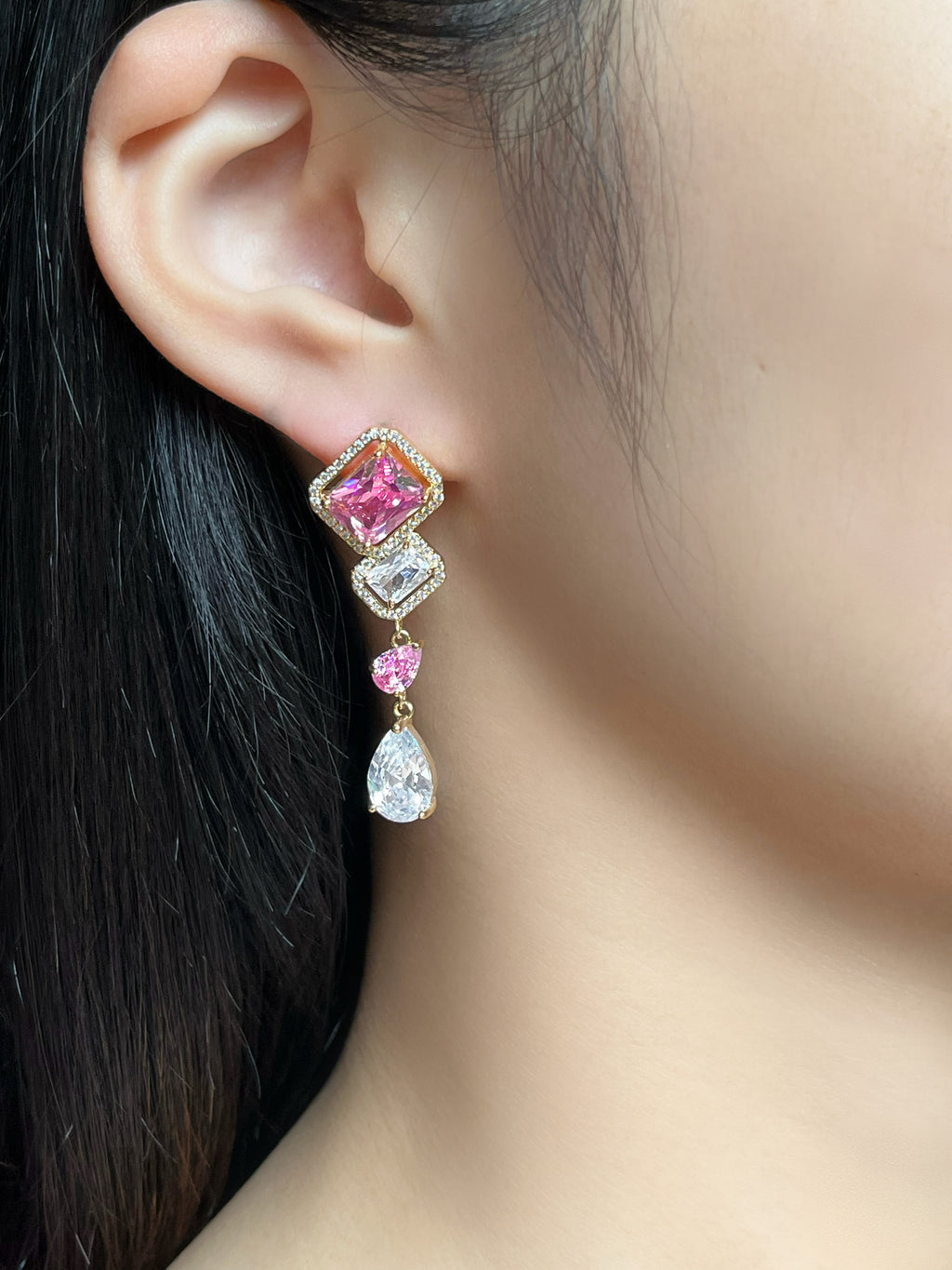 Long Pink Square Zircon Earrings