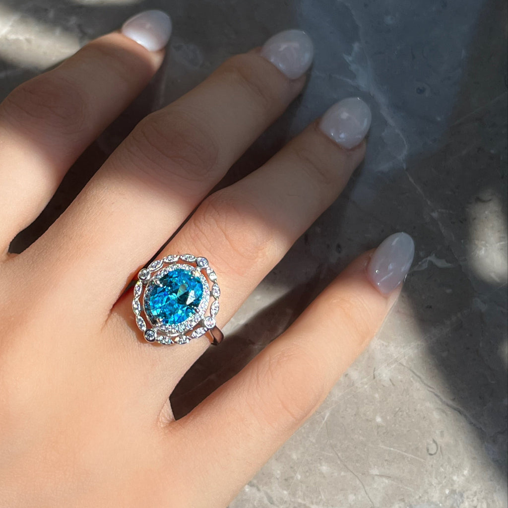 925 Silver Round Blue Zircon Ring