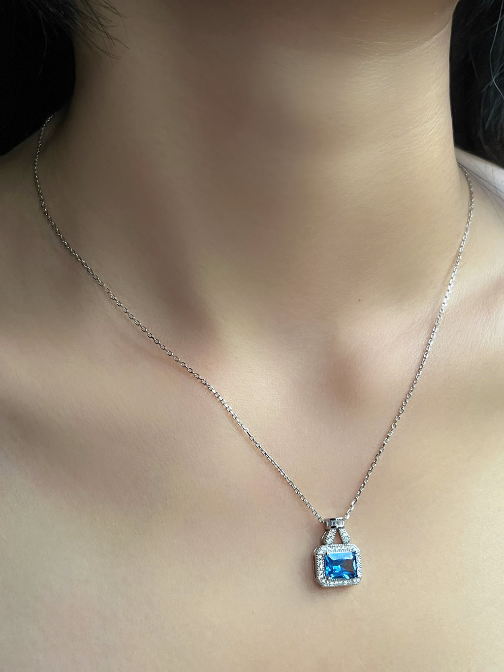 925 Silver Blue Square Zircon Necklace