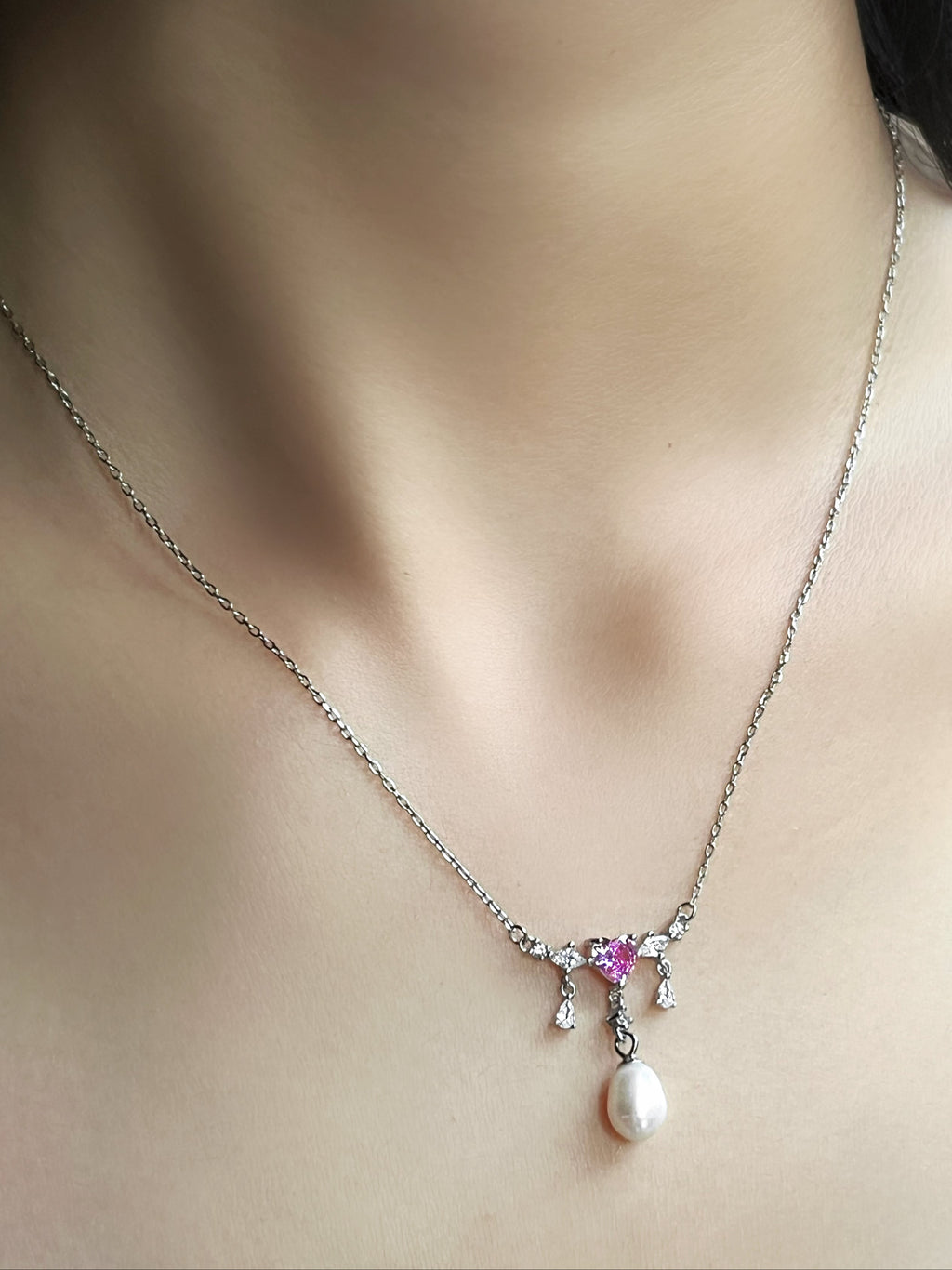 925 Silver Pearl Pink Zircon Necklace