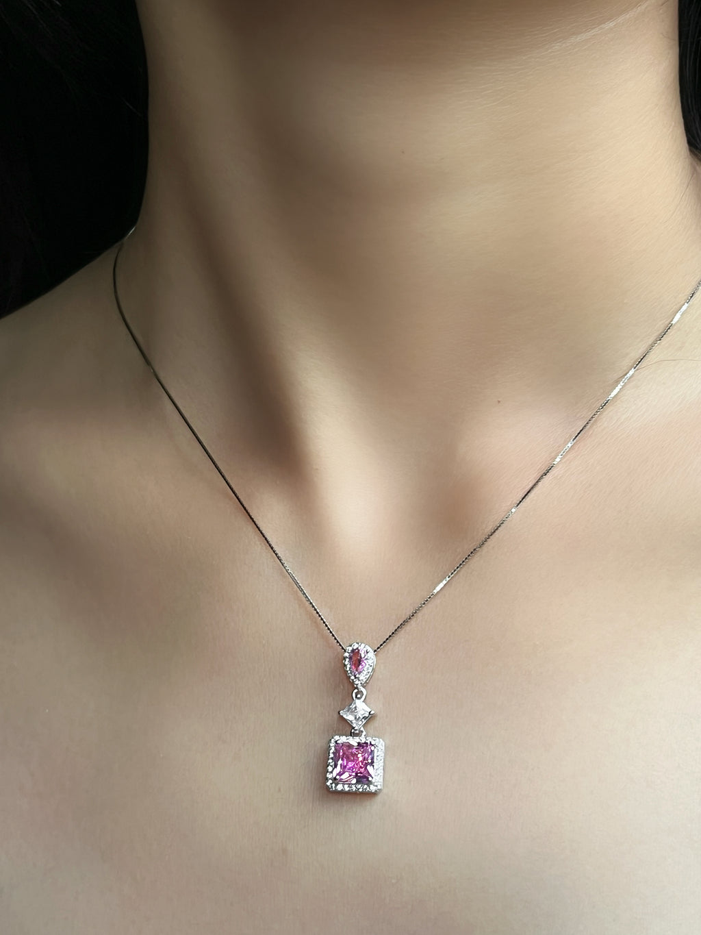 925 Silver Square Pink Zircon Necklace