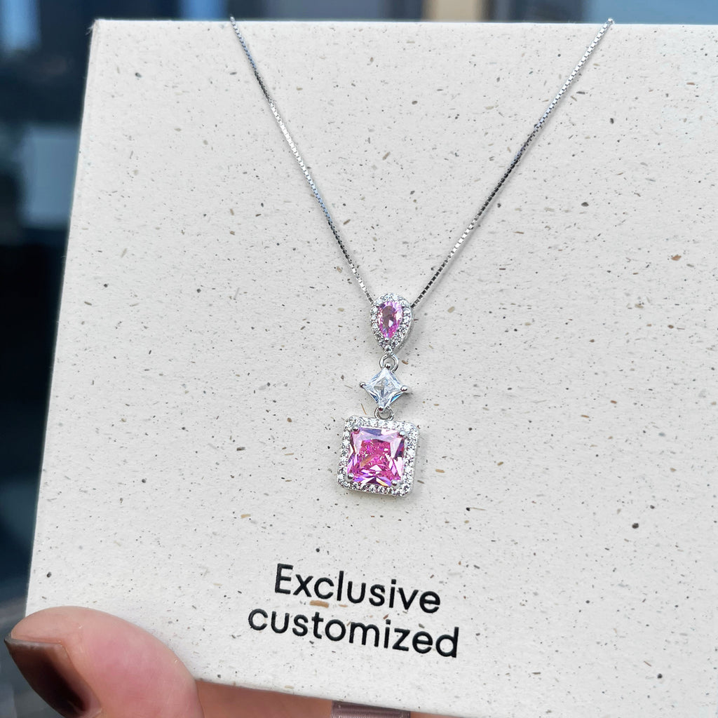 925 Silver Square Pink Zircon Necklace