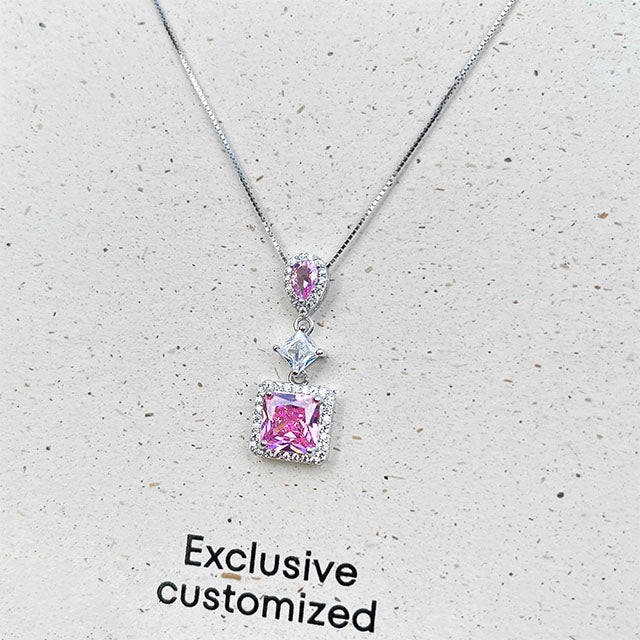 925 Silver Square Pink Zircon Necklace