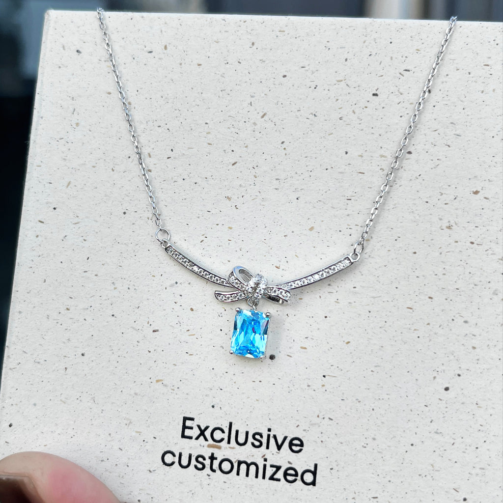 925 Silver Bowknot Blue Zircon Necklace