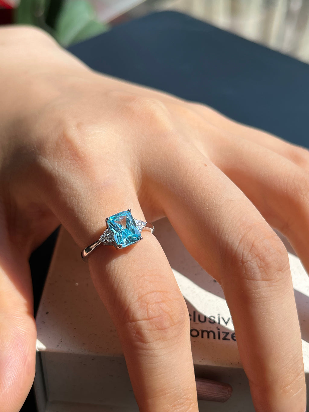 925 Silver Square Blue Zircon Ring