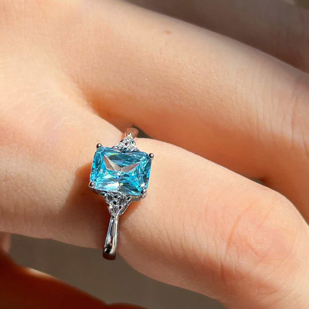 925 Silver Square Blue Zircon Ring